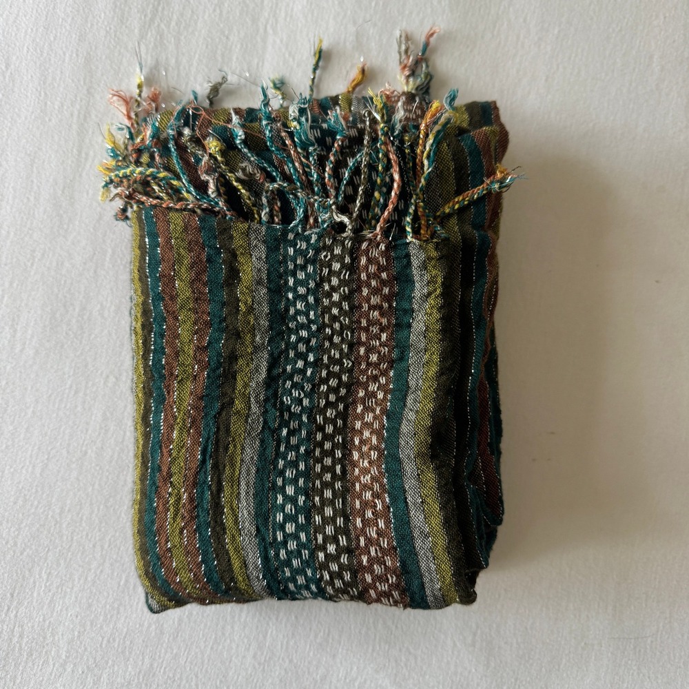 Striped Metallic Shimmer Fringe Shawl Scarf Green Brown Boho Chic Retro Artisan